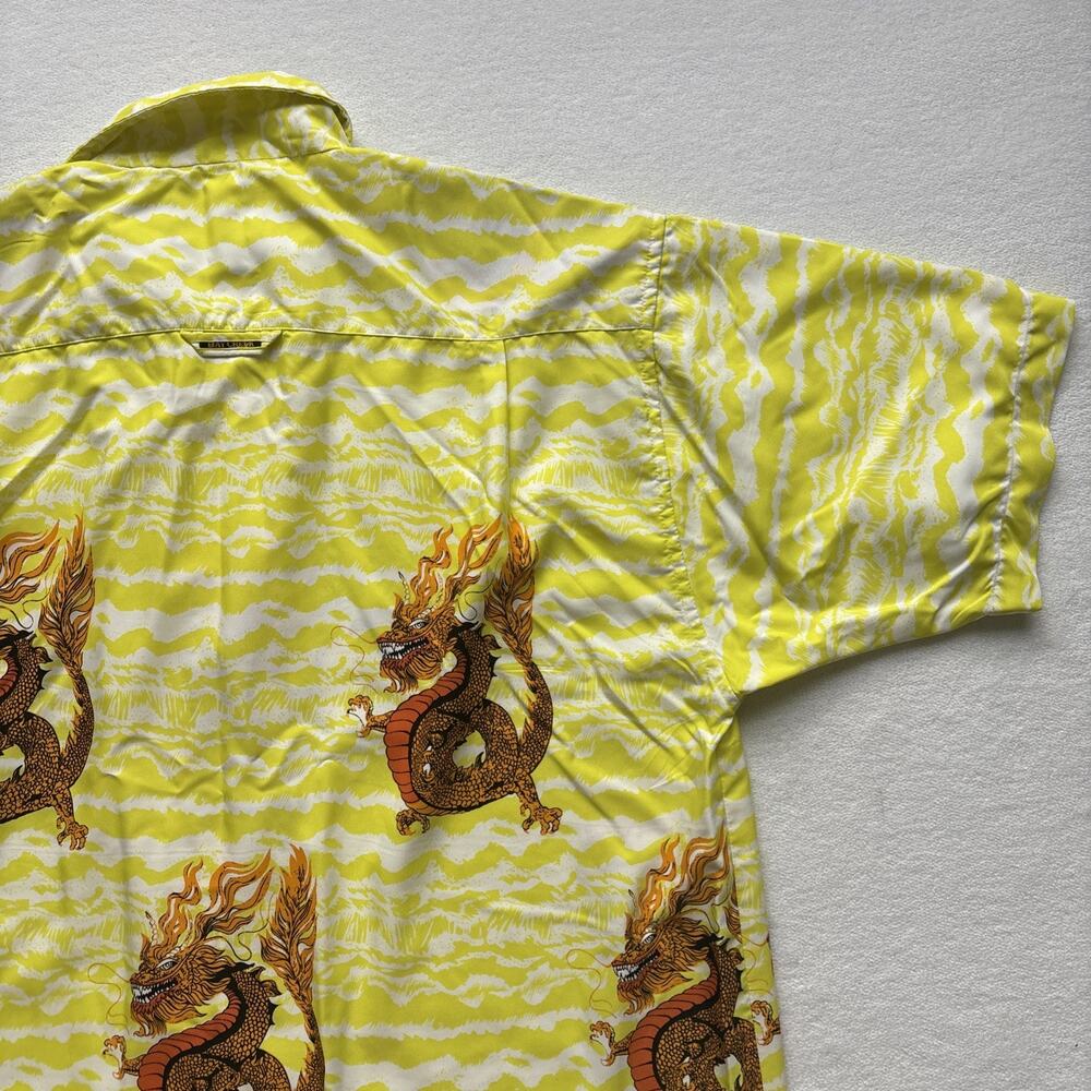 Bay Creek Dragon Print Shirt Mens Large Yellow Short Sleeve Tropical Button Up - Picture 15 of 16